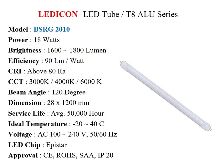 LED Tube T8 ALU series  / BSRG 2010, 18 W, 1800 Lm - LEDICON - Gamako